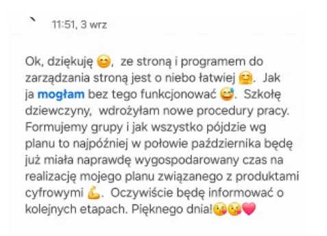 Wiadomosc od uczestniczki: dzieki stronie i programowi do zarzadzania nia wdrozyla nowe procedury pracy w szkole, formuje grupy i do polowy pazdziernika wygospodaruje czas na produkty cyfrowe