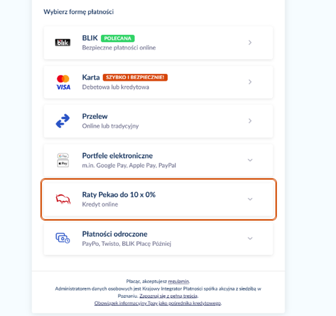 Lista form płatności na stronie Tpay z zaznaczonym kafelkiem Raty Pekao do 10 x 0%