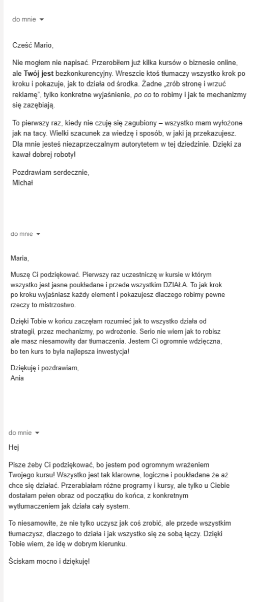 Wiadomości z podziękowaniami od uczestników: Michał, Ania i kolejna uczestniczka
