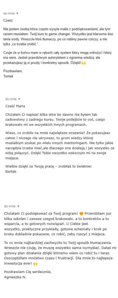 Wiadomości z podziękowaniami od uczestników: Tomek, Bartek i Agnieszka N.